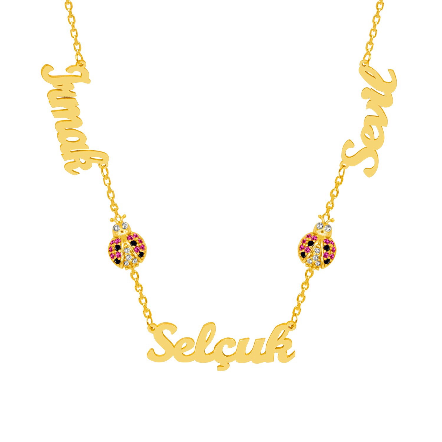 Gümüş Taşlı Uğur Böcekli 3 İsimli Aile Kolyesi