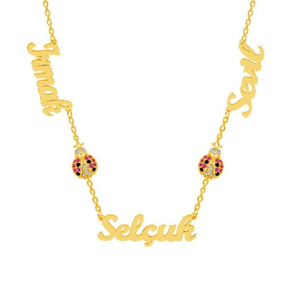 Gümüş Taşlı Uğur Böcekli 3 İsimli Aile Kolyesi