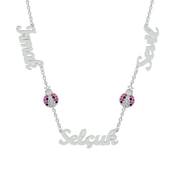 Gümüş Taşlı Uğur Böcekli 3 İsimli Aile Kolyesi