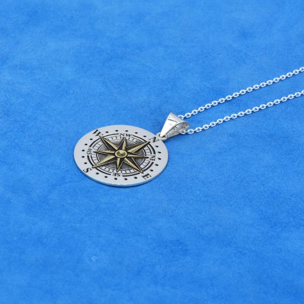 Gümüş Özel Tasarım Harfli Pusula Kolye