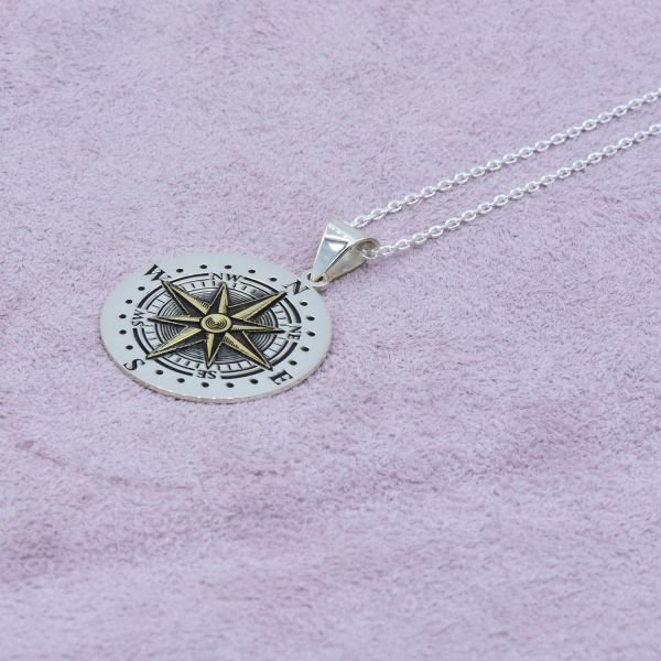 Gümüş Özel Tasarım Harfli Pusula Kolye