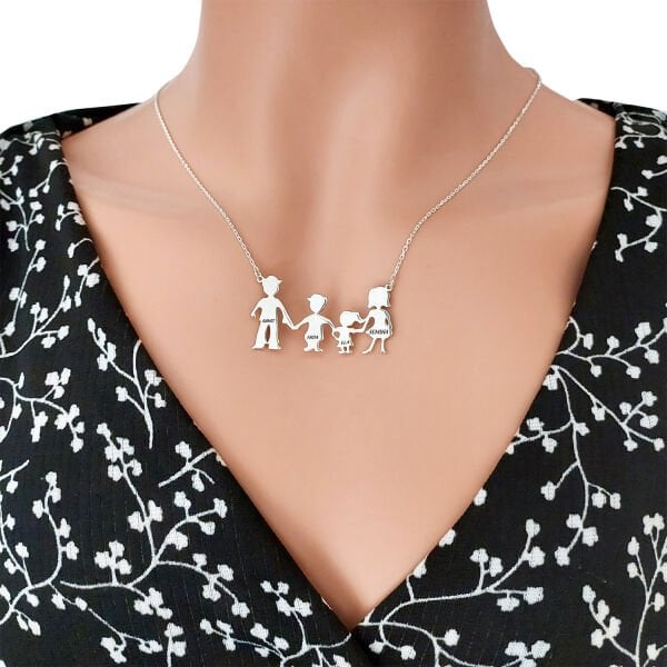 Gümüş Anne Baba Çocuk Tasarımlı İsimli Kolye
