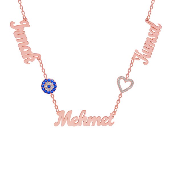 Gümüş Nazar Boncuklu Kalpli Üç İsimli Kolye