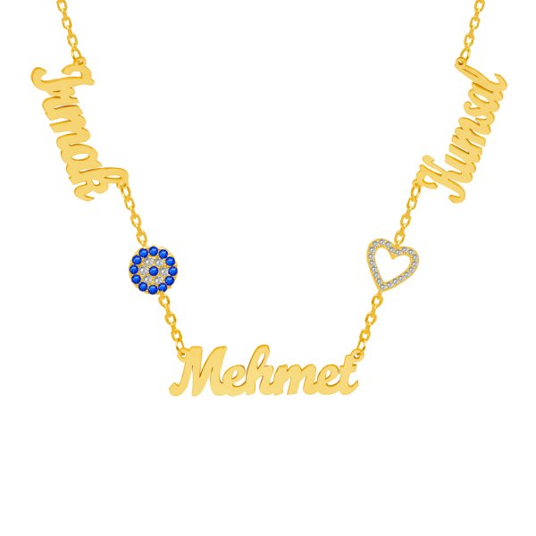 Gümüş Nazar Boncuklu Kalpli Üç İsimli Kolye