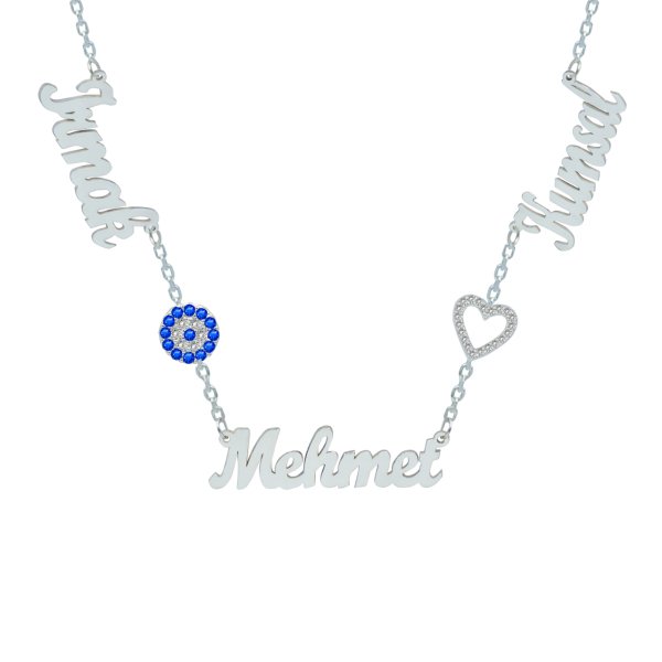 Gümüş Nazar Boncuklu Kalpli Üç İsimli Kolye