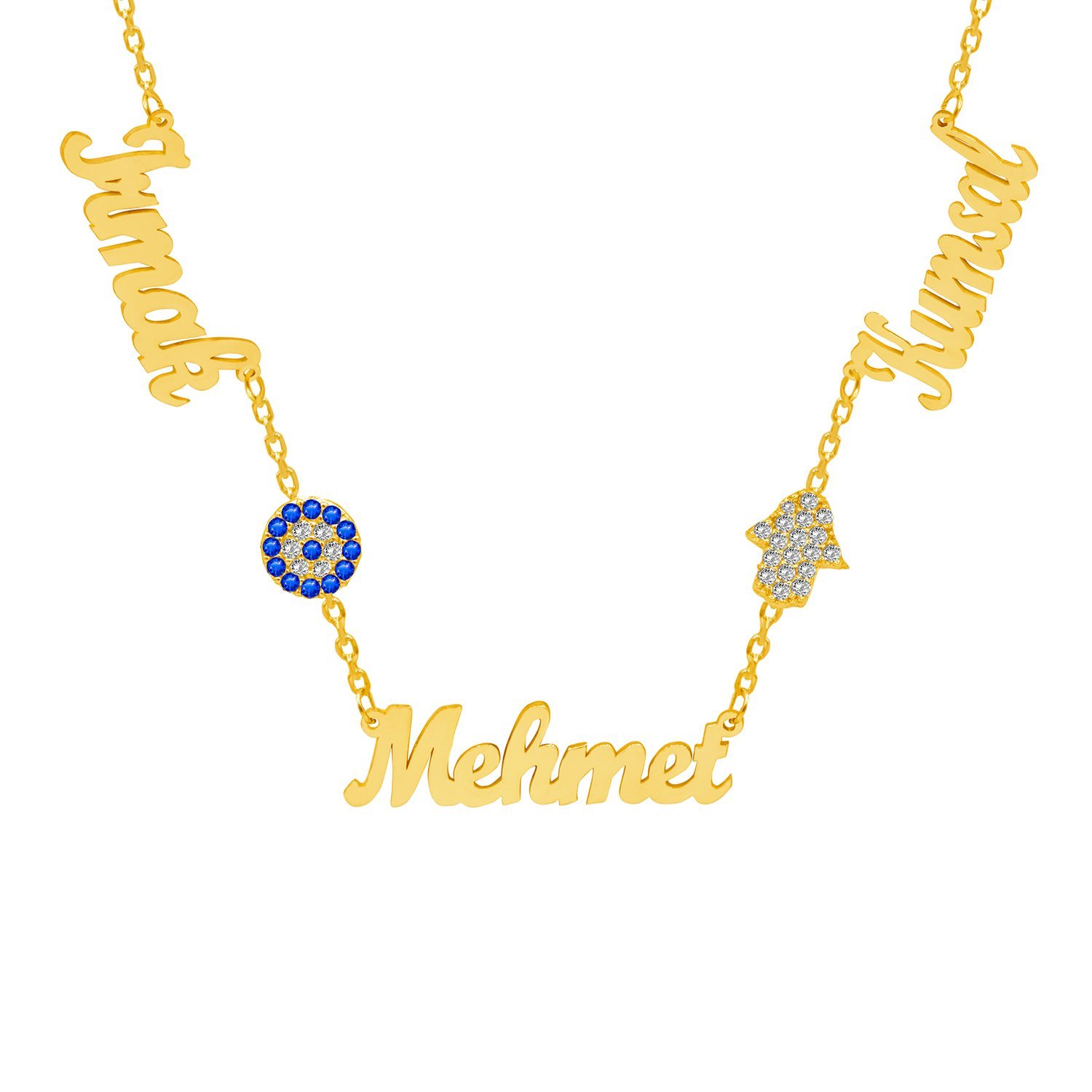 Gümüş Nazarlık El Figürlü 3 İsimli Kolye