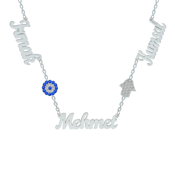 Gümüş Nazarlık El Figürlü 3 İsimli Kolye