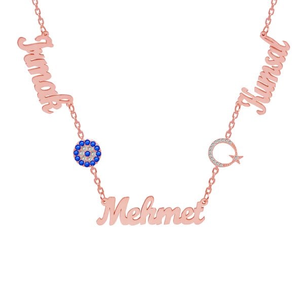 Gümüş Ayyıldız Nazar Boncuklu 3 İsimli Kolye