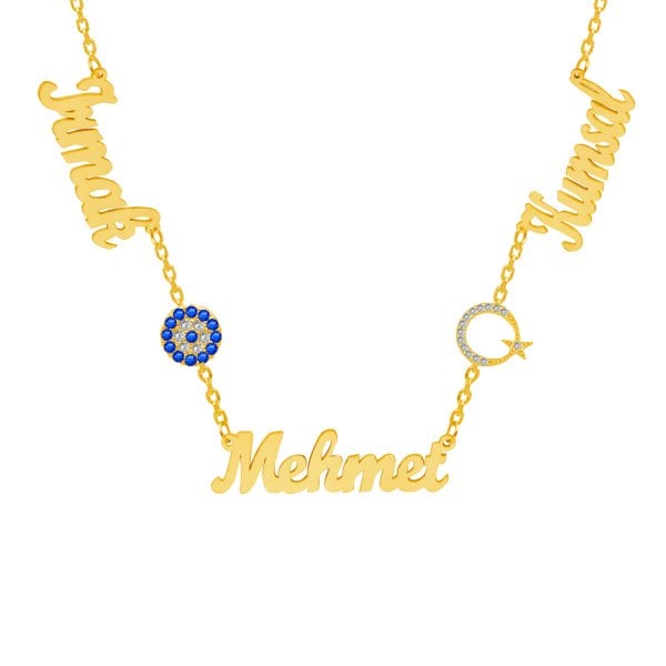 Gümüş Ayyıldız Nazar Boncuklu 3 İsimli Kolye