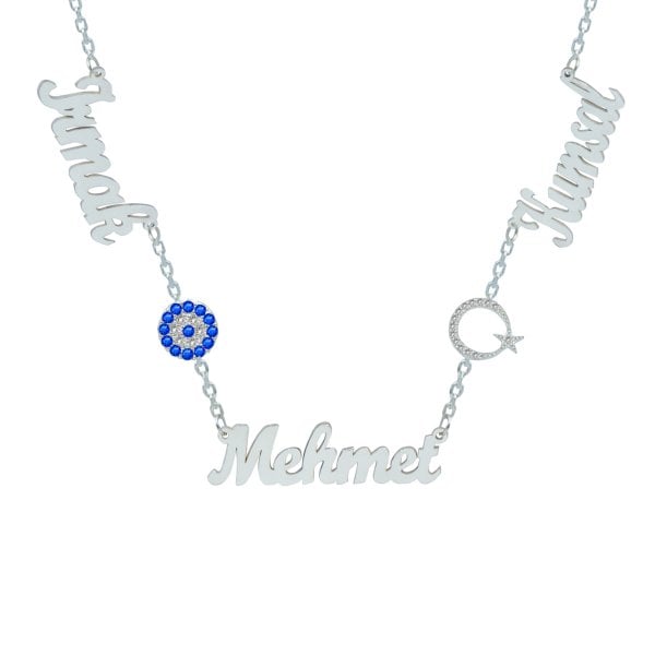 Gümüş Ayyıldız Nazar Boncuklu 3 İsimli Kolye