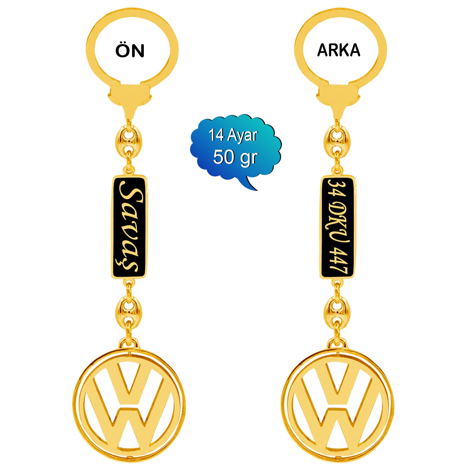 14 Ayar Altın Volkswagen Logolu İsimli Anahtarlık