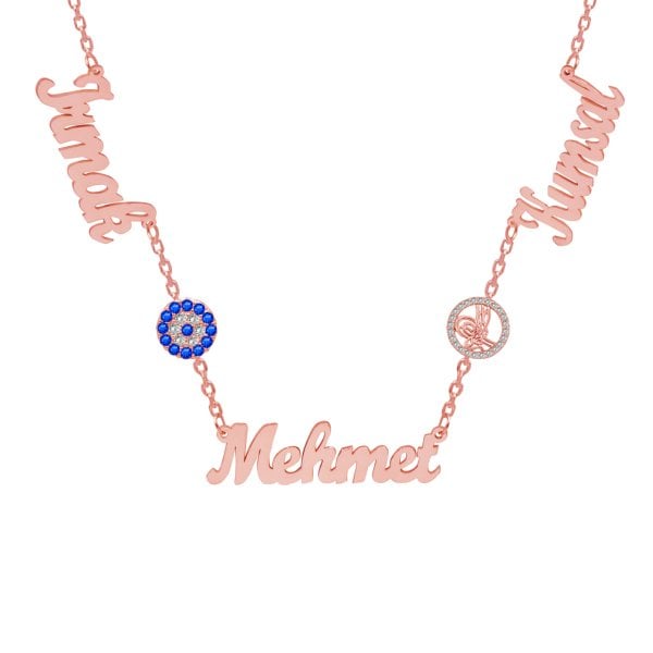 Gümüş Tuğralı Nazar Boncuklu 3 İsimli Kolye