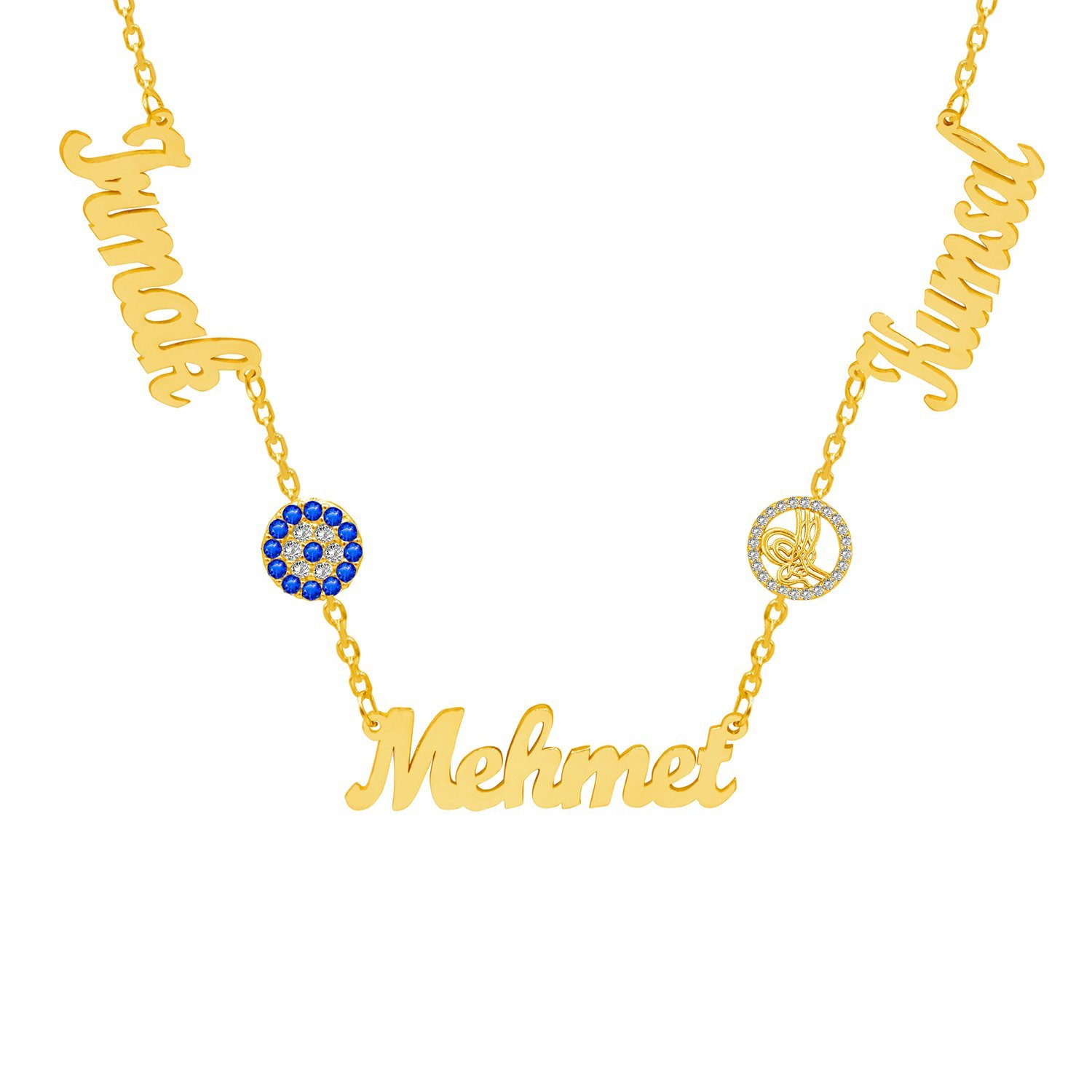 Gümüş Tuğralı Nazar Boncuklu 3 İsimli Kolye