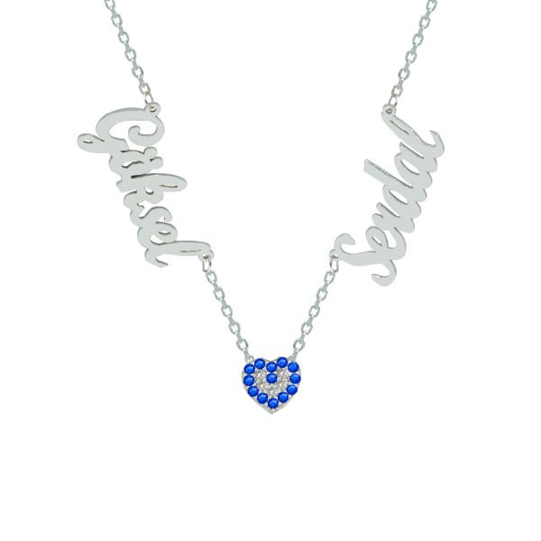 Gümüş Kalp Nazarlı 2 İsimli Aile Kolyesi