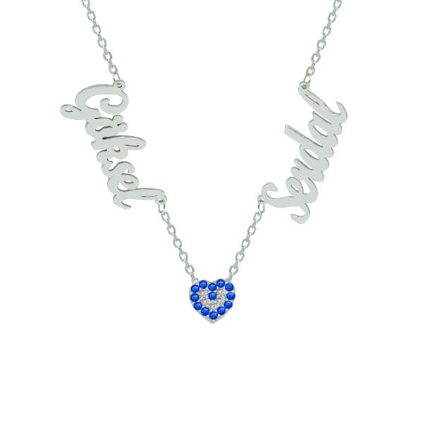 Gümüş Kalp Nazarlı 2 İsimli Aile Kolyesi