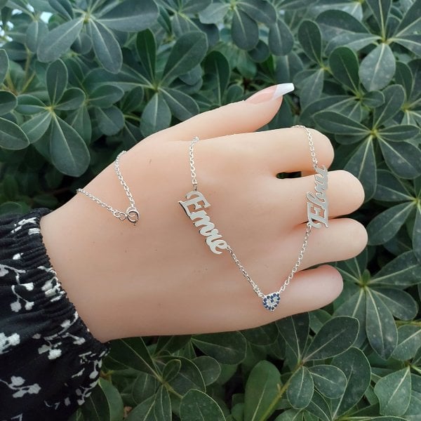 Gümüş Kalp Nazarlı 2 İsimli Aile Kolyesi