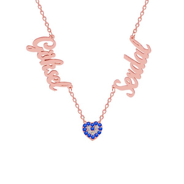 Gümüş Kalp Nazarlı 2 İsimli Aile Kolyesi