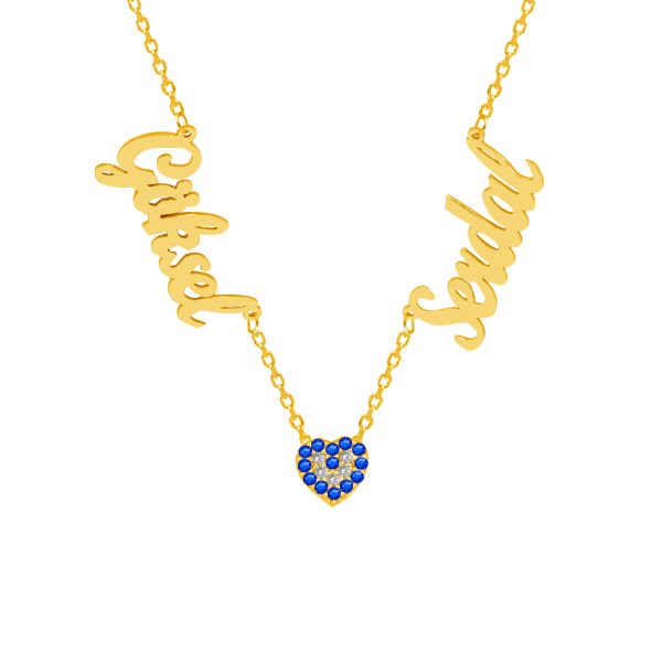 Gümüş Kalp Nazarlı 2 İsimli Aile Kolyesi