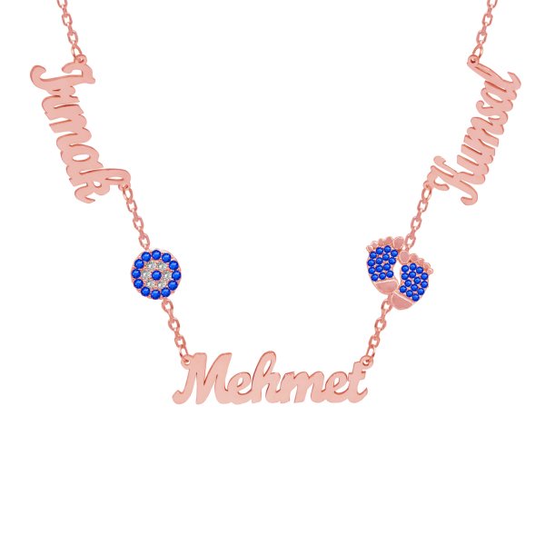 Gümüş Nazarlık Mavi Renk Patikli 3 İsimli Kolye