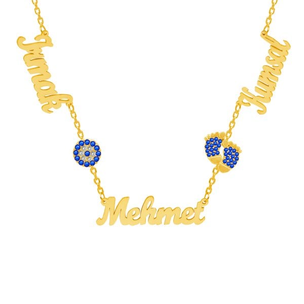Gümüş Nazarlık Mavi Renk Patikli 3 İsimli Kolye