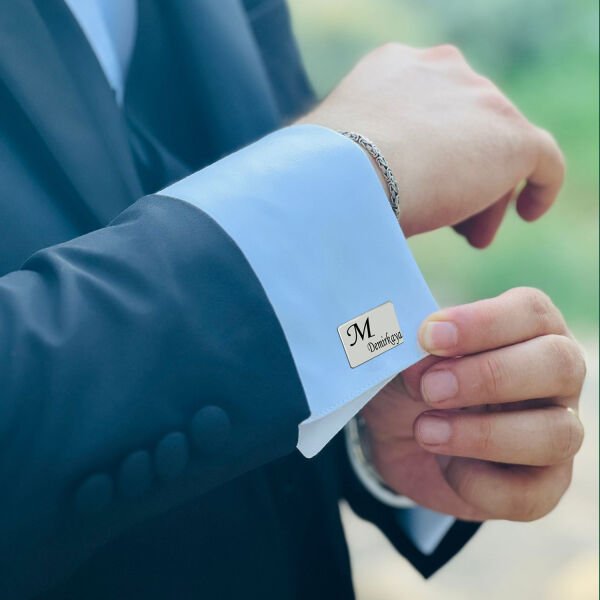 Gümüş Kare Plaka İsimli Kol Düğmesi