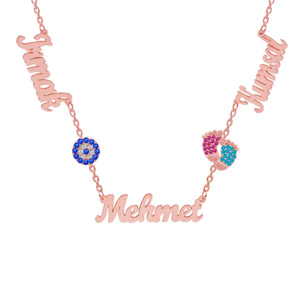 Gümüş Nazarlık Renkli Patikli 3 İsimli Kolye