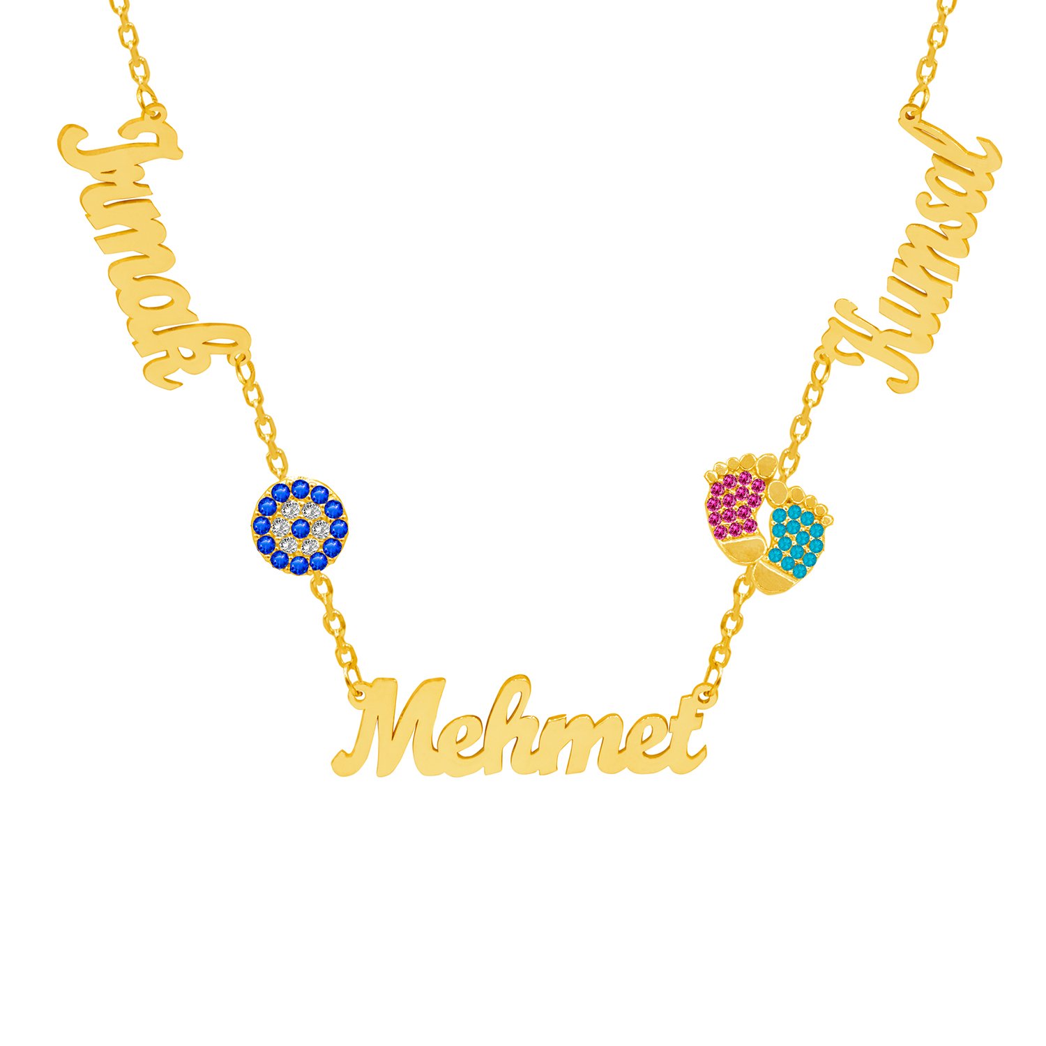 Gümüş Nazarlık Renkli Patikli 3 İsimli Kolye