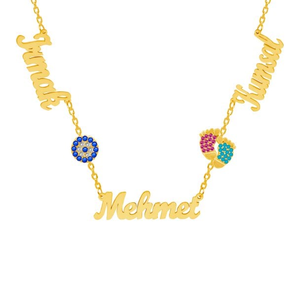 Gümüş Nazarlık Renkli Patikli 3 İsimli Kolye
