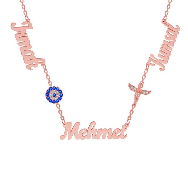 Gümüş Nazarlık Melek Figürü Üç İsimli Kolye