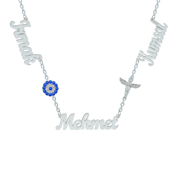 Gümüş Nazarlık Melek Figürü Üç İsimli Kolye