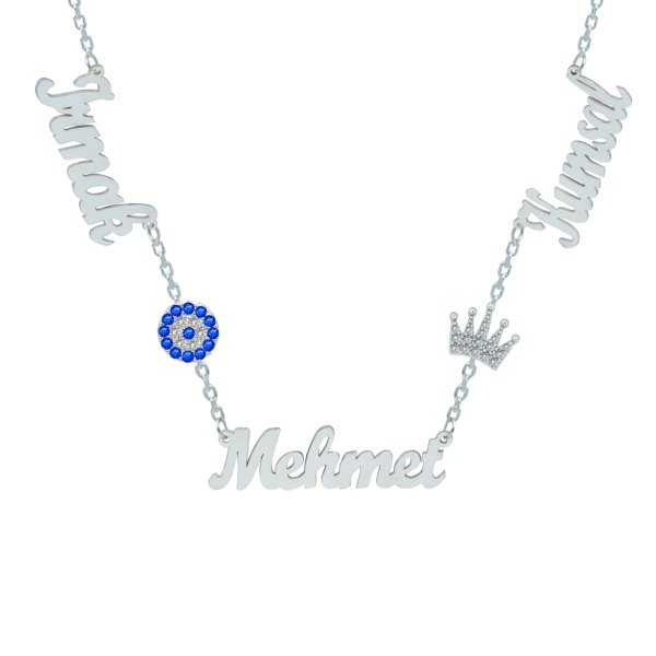 Gümüş Beyaz Renk Taçlı Nazarlıklı 3 İsimli Kolye