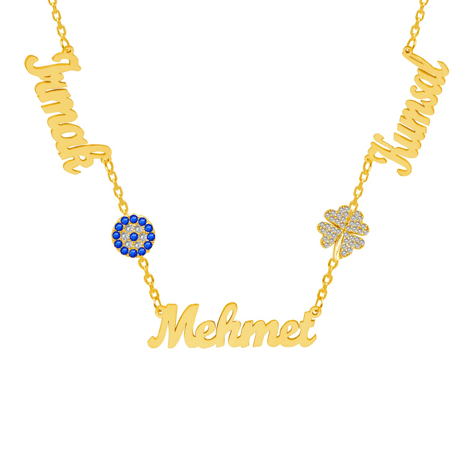 Gümüş Nazarlık Kalpli Yonca 3 İsimli Kolye