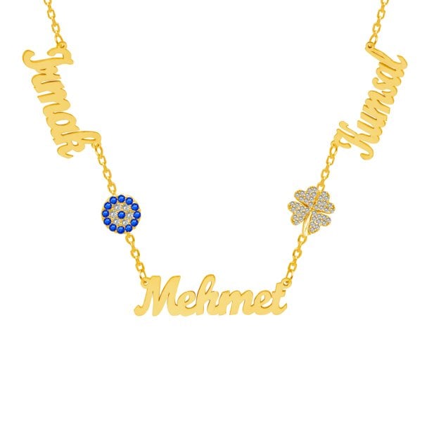 Gümüş Nazarlık Kalpli Yonca 3 İsimli Kolye