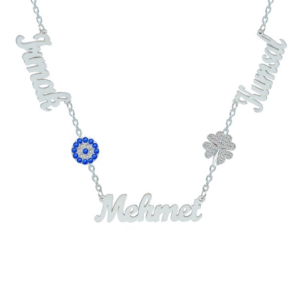 Gümüş Nazarlık Kalpli Yonca 3 İsimli Kolye