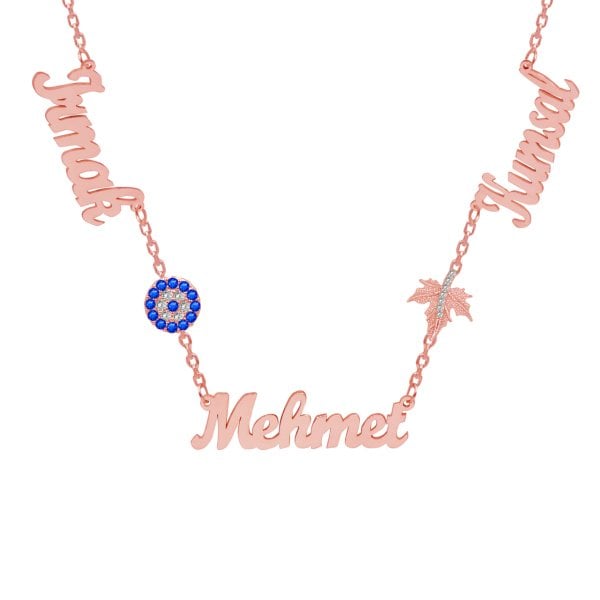 Gümüş Nazar Boncuklu Yapraklı 3 İsimli Kolye