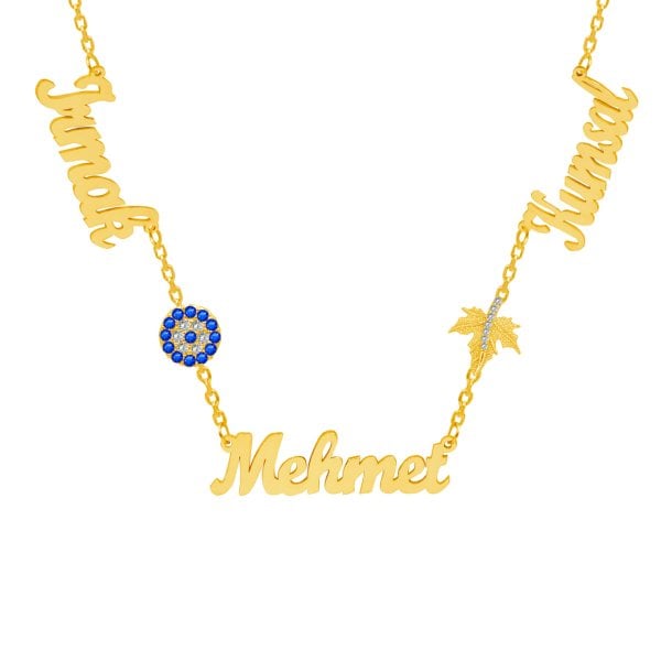 Gümüş Nazar Boncuklu Yapraklı 3 İsimli Kolye