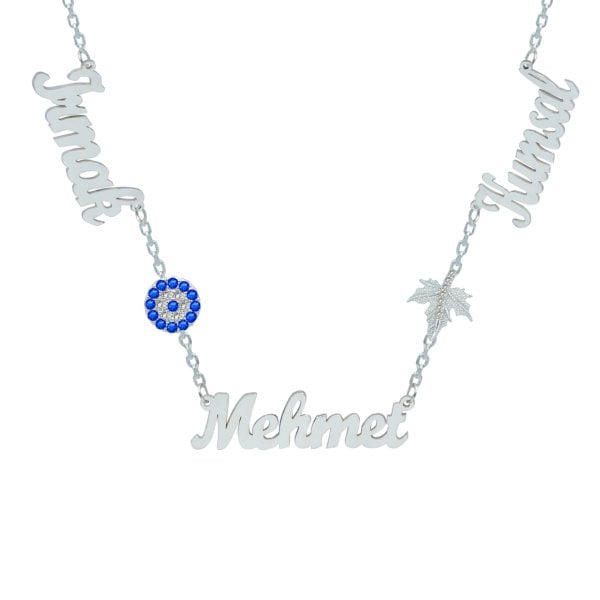 Gümüş Nazar Boncuklu Yapraklı 3 İsimli Kolye