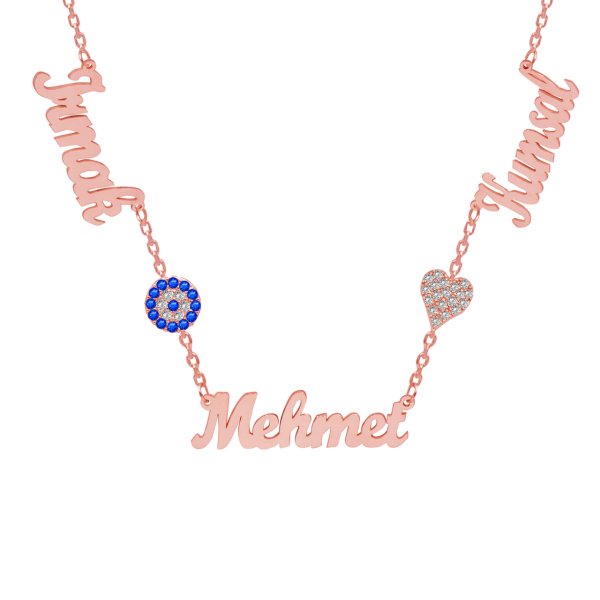 Gümüş Nazar Boncuklu Kalpli 3 İsimli Kolye