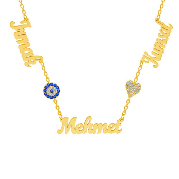 Gümüş Nazar Boncuklu Kalpli 3 İsimli Kolye