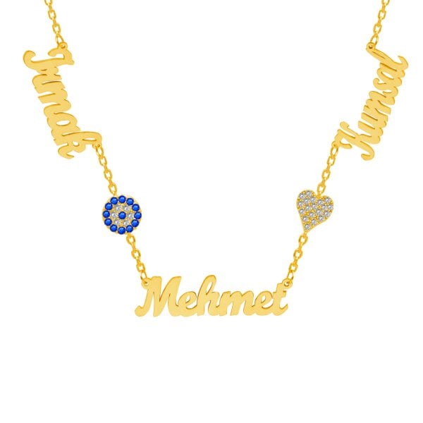 Gümüş Nazar Boncuklu Kalpli 3 İsimli Kolye