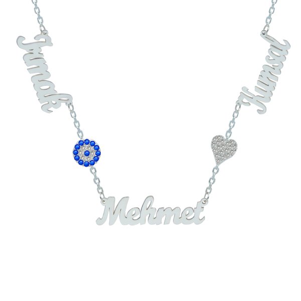 Gümüş Nazar Boncuklu Kalpli 3 İsimli Kolye