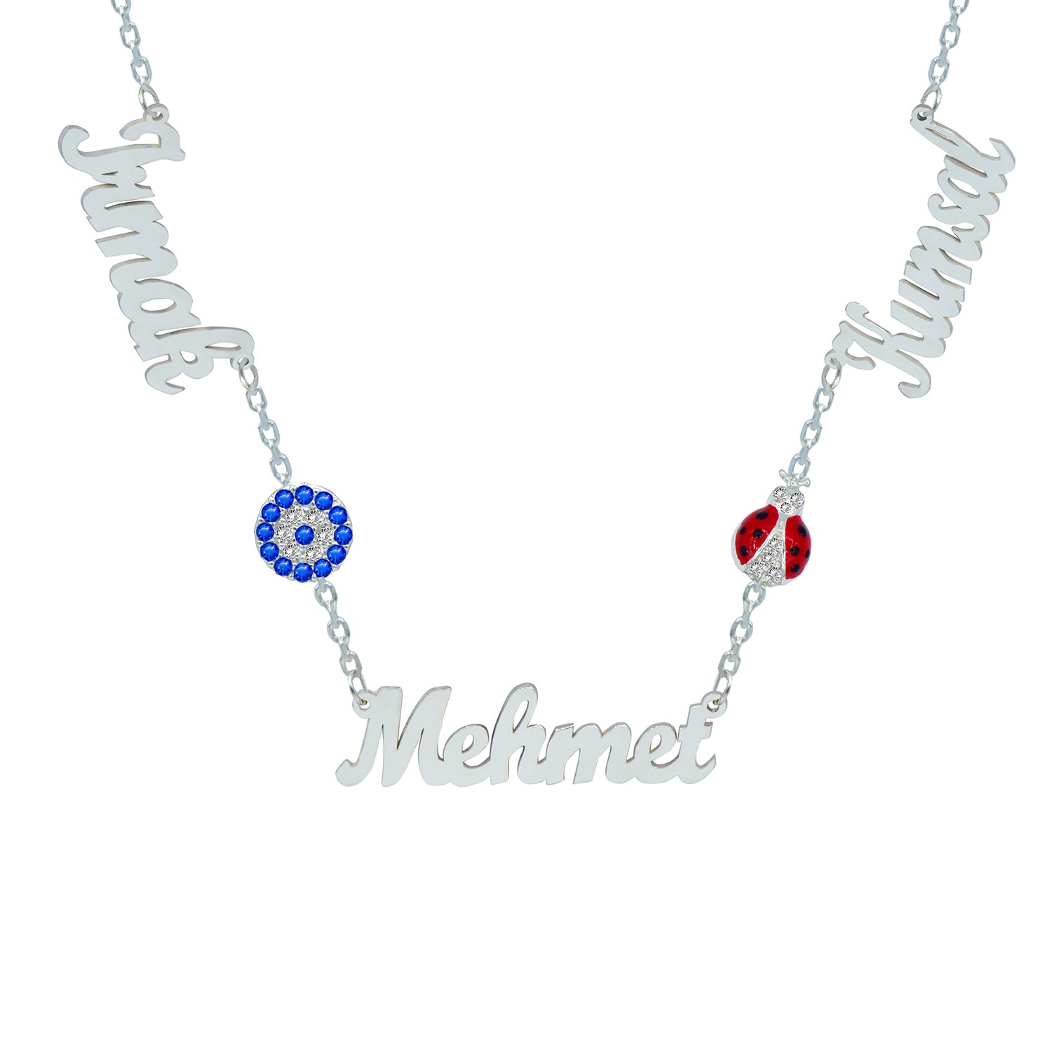 Gümüş Nazarlık Uğur Böcekli 3 İsimli Kolye