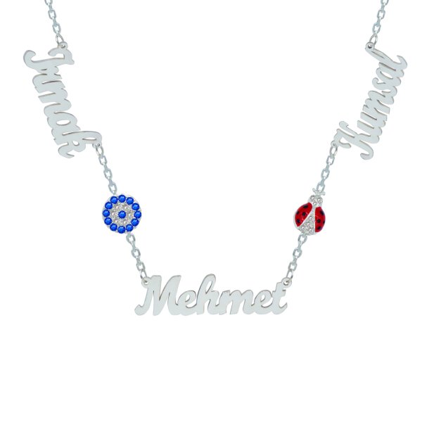 Gümüş Nazarlık Uğur Böcekli 3 İsimli Kolye