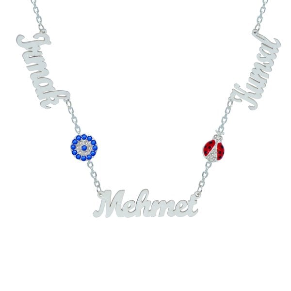 Gümüş Nazarlık Uğur Böcekli 3 İsimli Kolye