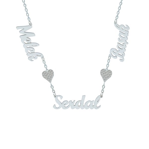 Gümüş Taşlı Kalpli 3 İsimli Aile Kolyesi