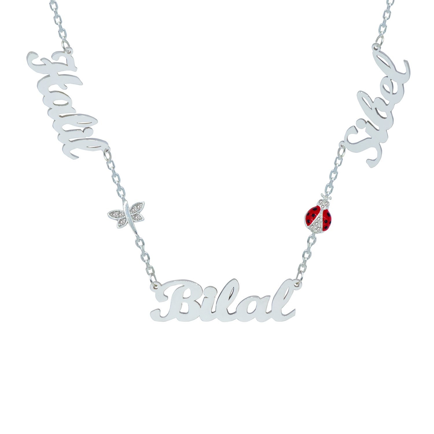 Gümüş Yusufçuk Uğur Böcekli 3 İsimli Kolye