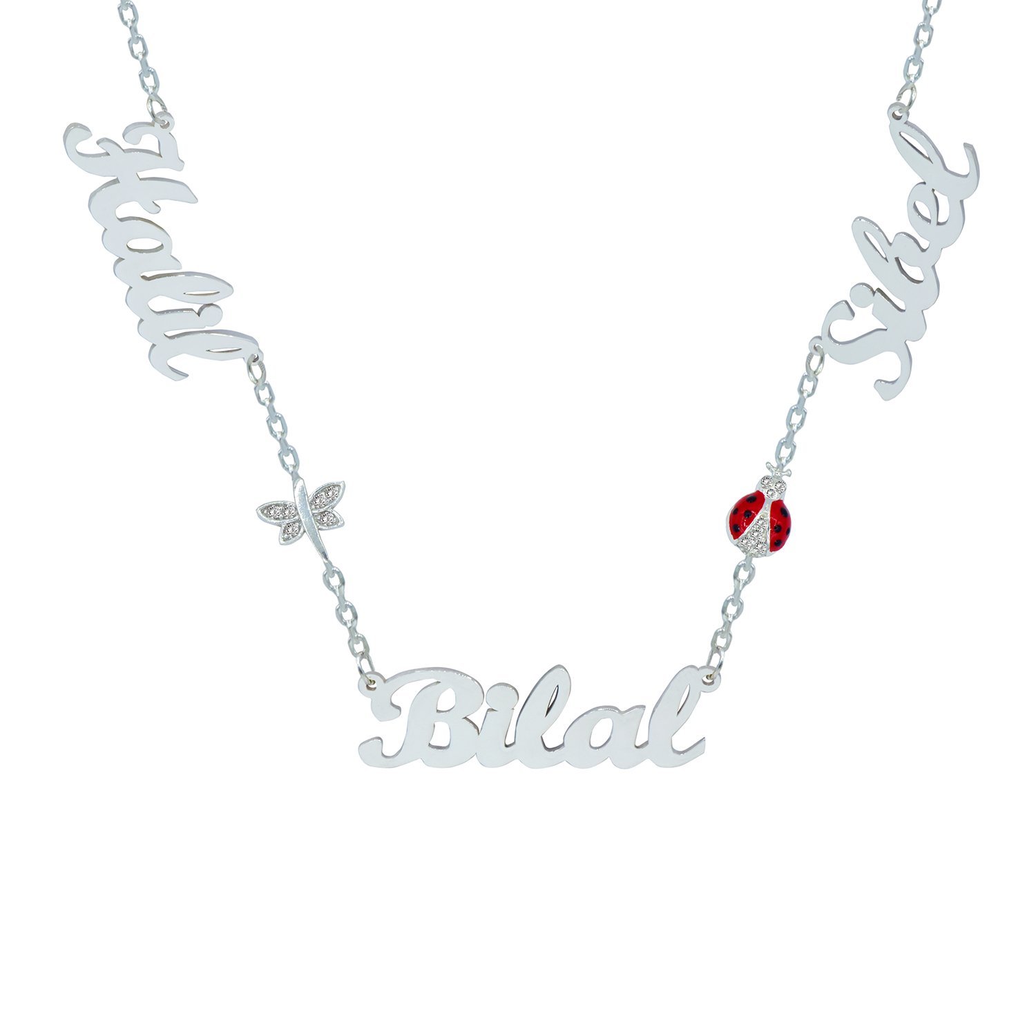 Gümüş Yusufçuk Uğur Böcekli 3 İsimli Kolye