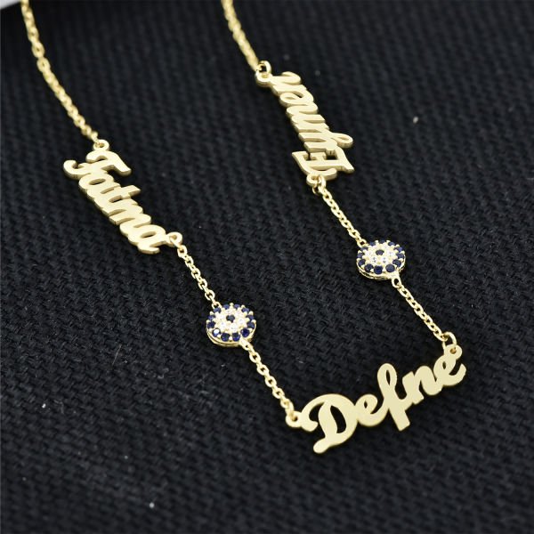 Gümüş Nazar Boncuklu 3 İsimli Aile Kolyesi