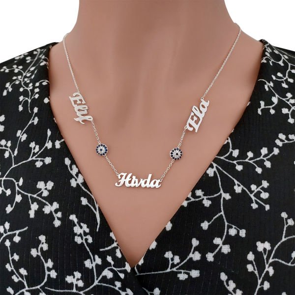 Gümüş Nazar Boncuklu 3 İsimli Aile Kolyesi