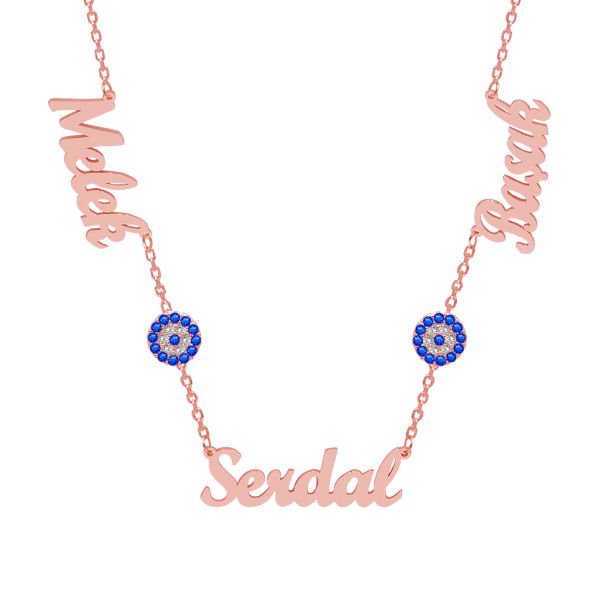 Gümüş Nazar Boncuklu 3 İsimli Aile Kolyesi